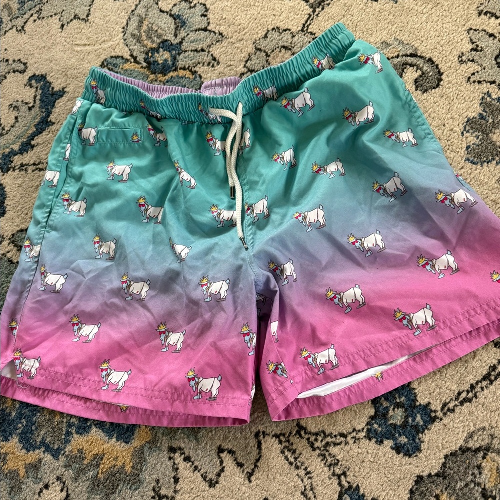 Goat Print Swim Trunks - Green and Pink